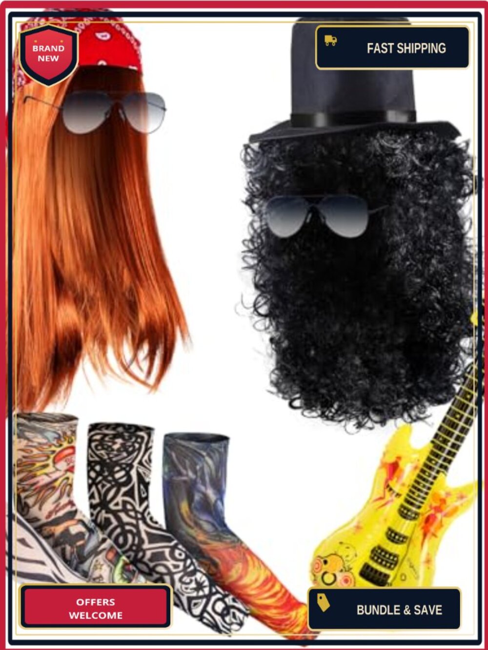 9 Pc 80s Rocker Wig Costume Set Punk Accessories Inflatable Guitar